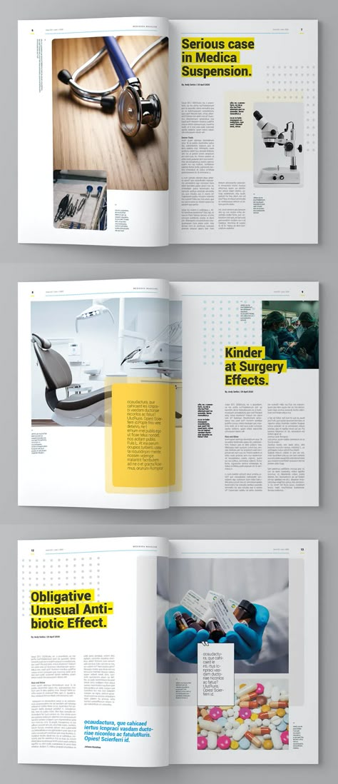 Medicine Magazine Template InDesign - 15 custom pages design Education Magazine Layout, Medical Editorial Design, Magazines Layout Design, Magazine Inside Page Design, Medical Magazine Design, Graphic Design Magazine Layout, Science Magazine Design, Science Magazine Layout, Elegant Brochure Design