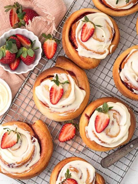 Strawberry Cinnamon Rolls - Catherine Zhang Pink Cinnamon Rolls, Strawberry Cinnamon Rolls, Fluffy Cinnamon Rolls, Sweet Buns, Cream Cheese Eggs, Bread Flour, Ground Cinnamon, Instant Yeast, Vegetarian Cheese