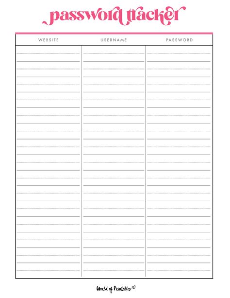 Password Template, Printable Password Tracker, Password Printable, World Of Printables, Tech Organization, Password Tracker, Password Keeper, Household Binder, Work Fun