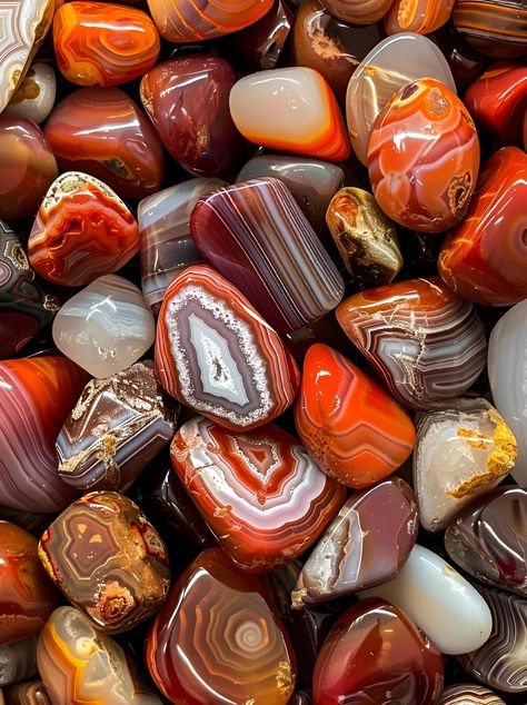 Save and follow for more stunning visuals! This image showcases a beautiful array of polished agate stones in shades of red, orange, brown, and grey. Each stone features unique patterns and intricate banding that highlight their natural beauty. Perfect for those who appreciate the elegance of nature's art.  #Agate #NatureArt #ColorfulStones #HomeDecor #GeologyLovers #MineralCollection #InteriorDesign #Crystals #StoneArt #imageprompt #Aiimage Sell Photos, Botswana Agate, Stone Feature, Mineral Collection, Visual Content, Orange Brown, Agate Stone, Brown Orange, Stone Art