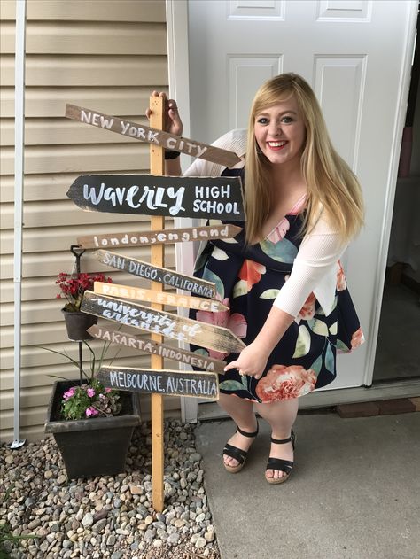 Emma's graduation travel theme party. Directional road sign made by Emma with the cities she has traveled to or where she plans on going. Graduation Party Ideas Decorations, Travel Theme Party, Travel Cities, Bon Voyage Party, Senior Graduation Party, Graduation Party High, Graduation Open Houses, Graduation Tables, Travel Party Theme