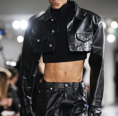 Cropped Leather Jacket Men, Men Crop Top Outfit, Crop Top Outfits Men, Men Crop Top, Cropped Jacket Outfit, Crop Top Men, Dark Outfit, Leather Jacket Outfit Men, Revealing Outfit