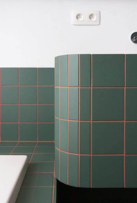 Komaan! architecten | Vincent Bavais Coloured Grout, Small Toilet, Green Flooring, Toilet Design, Tile Inspiration, Modern Bathroom Decor, Paint Colors For Living Room, Cafe Interior, Cafe Design