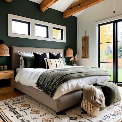 bedroom_green_accent_wall_grey_bed (36) Green Contemporary Bedroom, Green Accent Wall Bedroom Bedding, Masculine Accent Wall Bedroom, Green Bedroom Blue Accents, Dark Olive Green Accent Wall Bedroom, Rooms With Green Accent Wall, Green Statement Wall Bedroom, Guest Room Wall Decor Ideas, Bottle Green Bedroom