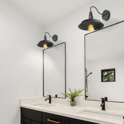 1-Light Black Gooseneck Farmhouse Lighting Barn Sconce (2-Pack) Mirrors And Lights, London Bathroom, Master Addition, Black Bathroom Light, Bathroom Mirror Design, Farmhouse Wall Sconces, Modern Vanity Lighting, Modern Inspiration, House London