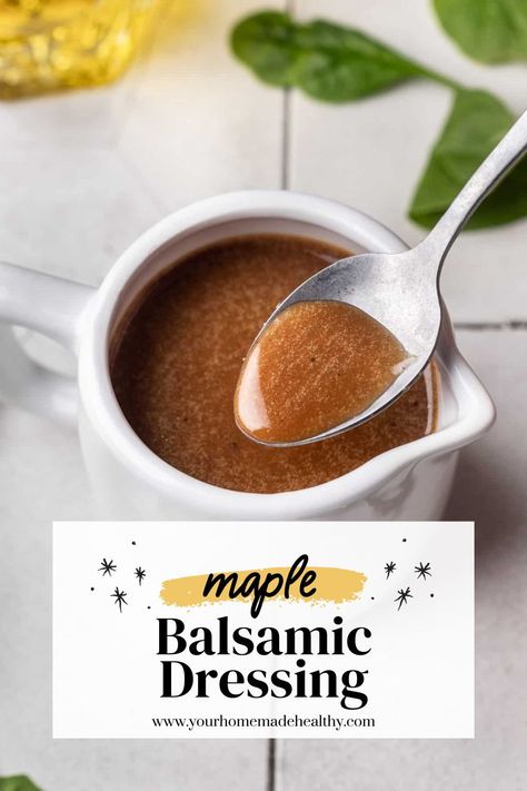 This thick and creamy maple balsamic dressing is a quick, flavorful dressing that is made in just minutes with simple ingredients. Perfect for adding flavor to a simple salad, roasted veggies, marinating meats, and more. Healthy Dressings, Maple Balsamic Dressing, Balsamic Dressing Recipe, Chicken Dressing, Family Breakfast Recipes, Spring Mix Salad, Healthy Dressing, Maple Balsamic, Leafy Salad