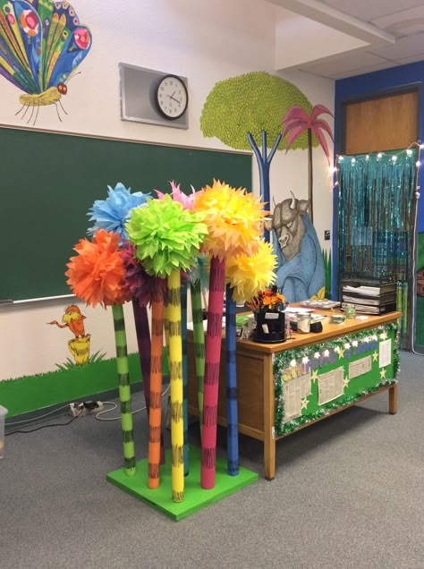 Horton Hears A Who Party Decorations, Lorax Classroom Theme, The Lorax Classroom Door, The Lorax Decorations, Lorax Trunk Or Treat, Dr Seuss Classroom Door, Dr Seuss Decorations, Lorax Birthday, Daycare Themes