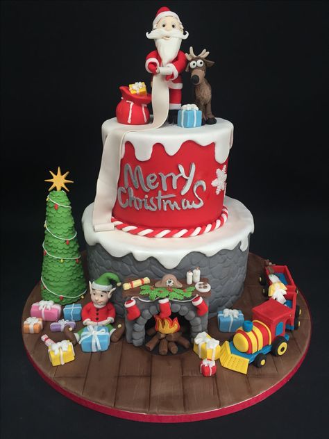 2 tier Christmas cake. Handmade Santa, reindeer and elf with Christmas train and fireplace Christmas Birthday Cake, Thomas Cakes, Cake Competition, Santa Cake, Cake Show, Christmas Cake Designs, Xmas Cake, Winter Cake, Christmas Clay