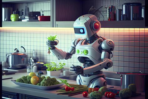 Robot chef cooking in kitchen of future home genius, smart robot working in modern house Robot House, Robot Waiter, Cooking Robot, Real Robots Technology, Delivery Robot, Cook Pictures, Future Robots, Smart Robot, Robot Art