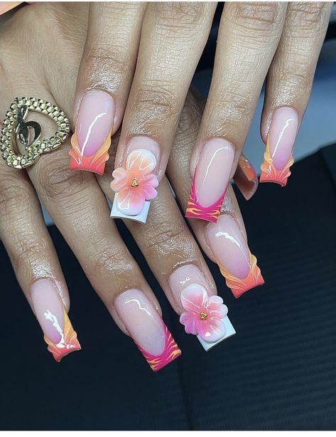 Nails For Tropical Vacation, Island Nails Tropical, Moana Nails, Sassy Nails, Hard Nails, Colored Acrylic Nails, Girly Acrylic Nails, French Tip Acrylic Nails, Short Square Acrylic Nails