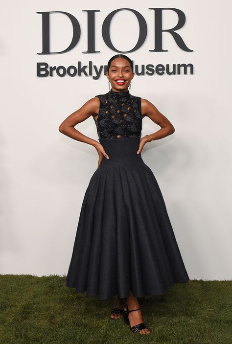 Dior Celebrities, Dior Red Carpet, Dior Designer Of Dreams, Black Flare Dress, Dresses 15, Animal Print Jumpsuit, Yara Shahidi, Exhibition Opening, Christian Dior Designer