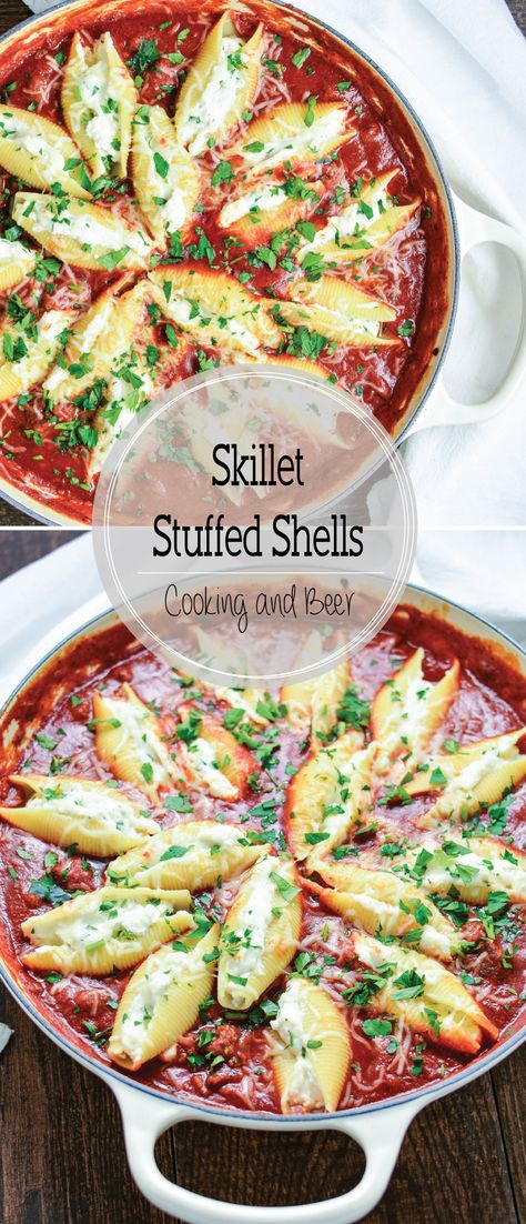 Skillet Stuffed Shells are a simple and delicious weeknight dinner recipe! Easy Skillet, Baked Pasta, Italian Foods, Country Cook, Delicious Pasta, Pasta Pasta, Yummy Pasta Recipes, Weeknight Dinner Recipe, Stuffed Pasta Shells