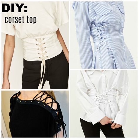 The lace up trend is a fun detail and easy update to do on an oversized/boxy t-shirt like I did into a corset top. Try this simple... Diy Corset Easy, Corset Top Diy, Diy Corset Top, Diy Corset, Diy Cut Shirts, Trash To Couture, Diy Fashion Trends, Diy Clothes Rack, Clothing Upcycle