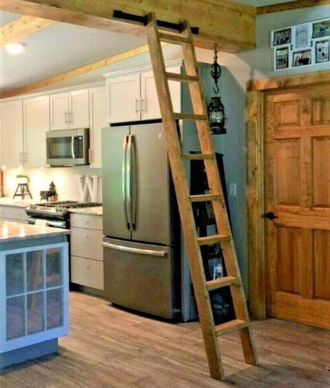 Library Ladders Rolling, Light Stained Wood, Bookcase Closet, Loft Playroom, Tall Ladder, Wood Library, Rolling Ladder, Cabin Loft, Metal Handrails