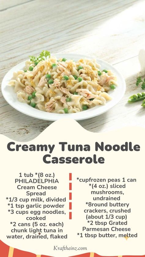 Enjoy the comforting flavors of Creamy Tuna Noodle Casserole, a hearty dish that brings together tender egg noodles, flaked chunk light tuna, sweet peas, and savory sliced mushrooms. The creamy sauce, made with PHILADELPHIA Cream Cheese Spread, milk, and garlic powder, adds richness and depth to this classic casserole. Topped with a crunchy mixture of buttery cracker crumbs, Grated Parmesan Cheese, and melted butter, this dish bakes to golden perfection in just 45 minutes. Perfect for a family dinner that's both satisfying and delicious. Creamy Tuna Noodle Casserole, Egg Noodle Casserole, Tuna Noodle Casserole Recipe, Cream Cheese Pasta, Tuna Casserole Recipes, Healthy Tuna, Tuna Noodle, Tuna Noodle Casserole, Tuna Casserole