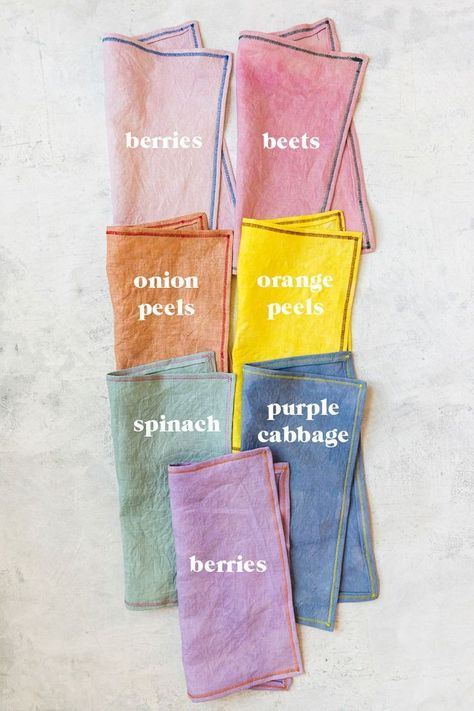 Dye in every shade of the rainbow using natural ingredients and DIY napkin - The House That Lars Bui Dye With Vegetables, Dyeing Cotton Fabric, Hand Dyed Napkins, Natural Hand Dyed Fabric, Vegetable Dyes For Fabric, Plant Dyes Diy, Natural Dye Techniques, Dye Linen Fabric, Natural Dyes For Linen