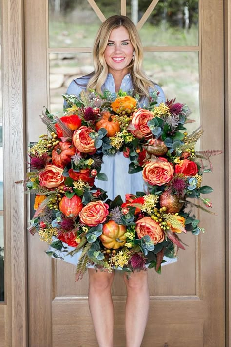 Classic Front Door, Fall Decor Wreaths, Floral Door Wreaths, Floral Wreath Design, Door Wreaths Diy, Fall Thanksgiving Decor, Year Round Wreath, Harvest Decorations, Seasonal Wreaths