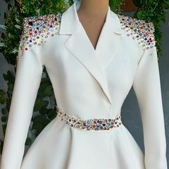 White Suit Prom, Women Suit Fashion, Prom Dresses Long Sleeves, Ceremony Outfit, Suit Prom, Blazer With Belt, Classy Lifestyle, Soiree Dress, Corset Tops