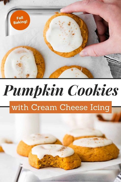 These soft, spiced pumpkin cookies topped with rich cream cheese icing are a delicious treat for fall. They’re ready in under an hour, with no dough chilling required. Perfect for fall gatherings like Halloween and Thanksgiving!  Pop over to my site for the full recipe! Pumpkin Cream Pie Cookies, Cream Cheese Pumpkin Cookies, Pumpkin Roll Cookies, Pumpkin Cookies With Cream Cheese Icing, Soft Pumpkin Cookie Recipe, Cookies With Cream Cheese Icing, Pumpkin Cookies With Cream Cheese, Iced Pumpkin Cookies, Pumpkin Cookies Easy