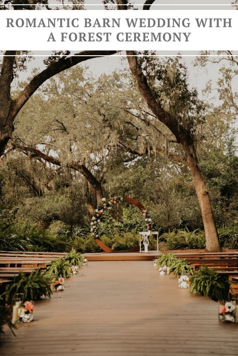 Enchanted forest wedding ceremony on a Florida ranch venue. Image by Lauren Champion Photography Enchanted Forest Wedding Ceremony, Florida Forest, Enchanted Forest Wedding Theme, Firefly Wedding, Romantic Barn Wedding, Forest Wedding Ceremony, Forest Wedding Venue, Forest Theme Wedding, Enchanted Forest Wedding