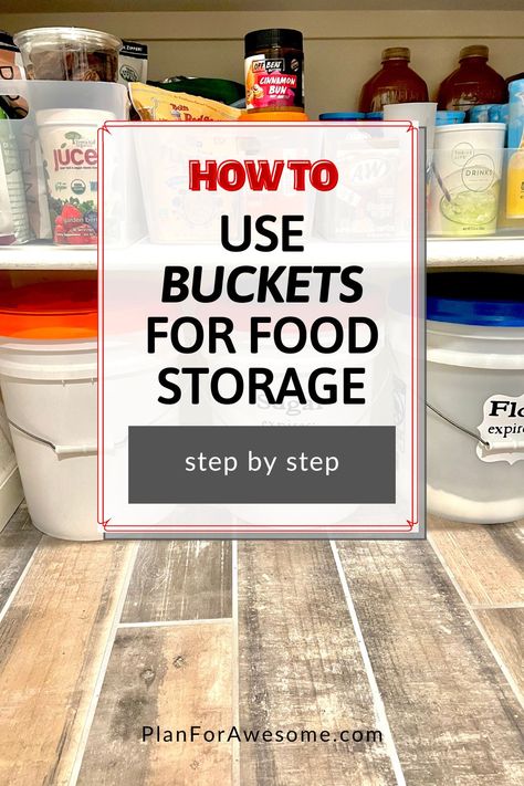 Ready to take control of your food storage? Bucketing is a great way to tackle items you want to store in bulk - for long term and every day use! Learn how to re-package dry foods, the best place to get buckets and when you might want to choose a different storage option. Learn all about it by reading the post! 5 Gallon Bucket Food Storage Ideas, Bulk Food Storage Ideas, Flour Storage Containers, Diy Food Storage, Living In A Shed, Food Grade Buckets, Old Bucket, Thrive Life, Storage Tubs