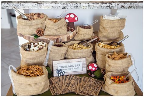 Woodland Candy Table, Forest Party Desserts, Woodland Trail Mix Bar, Woodland Party Centerpiece, Trail Mix Bar Ideas, Wild One Birthday Food, First Birthday Woodland Theme, Woodland Theme Food Ideas, Diy Trail Mix Bar