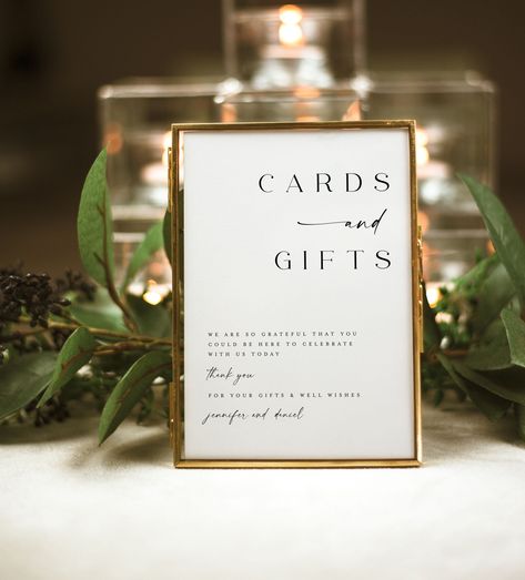 This Cards And Gifts Sign is a digital editable template, using Templett.com. Edit right in your web browser. It features a modern typography and classic style. Such an elegant Gift Box Sign will be the perfect touch for your Wedding, Rehearsal dinner, Engagement party, Vow Renewal, Bridal Shower, Bachelorette Party or other event. You will receive an access link within minutes after purchase to your email. Make your edits (wording, font, background color etc.), download and print at home or with print shop/copy center/photo lab. Please try free demo before purchase! ✅FULLY CUSTOMIZABLE TEXT, INCLUDING COLOR, SIZE AND STYLE ✅NO SOFTWARE TO INSTALL ✅NO FONTS TO DOWNLOAD ⬇️TRY THE DEMO BEFORE PURCHASE 🆓️FREE DEMO🆓️ TRY IT BEFORE YOU BUY IT Copy and paste this url into your web browser: htt Cards Gifts Wedding Sign, Day Of Wedding Signage, Gifts And Card Table Wedding, Card Station Wedding, Card Box Sign Wedding, Engagement Party Gift Table, Christmas Wedding Gift Table, Cards And Gifts Wedding Sign, Wedding Cards Sign