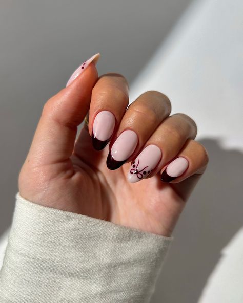 a minimal autumnal design with a cutesy bow accent nail 🤎🎀✨ rings from @coconutlaneuk - code THENAILOLOGIST for 30% off colours used are shades ‘amazing grace’ and ‘midnight rendeveous’ from @cakenailpolish #nails #nailinspo #nailart #naildesign #minimalnails #fallnails #autumnnails French Nails Fall, Red Gel Nail Polish, Gel Nail Polish Brands, Bow Nail Designs, Nailinspo Nailart, Bow Nails, Red Gel Nails, Bow Nail, Dark Red Nails