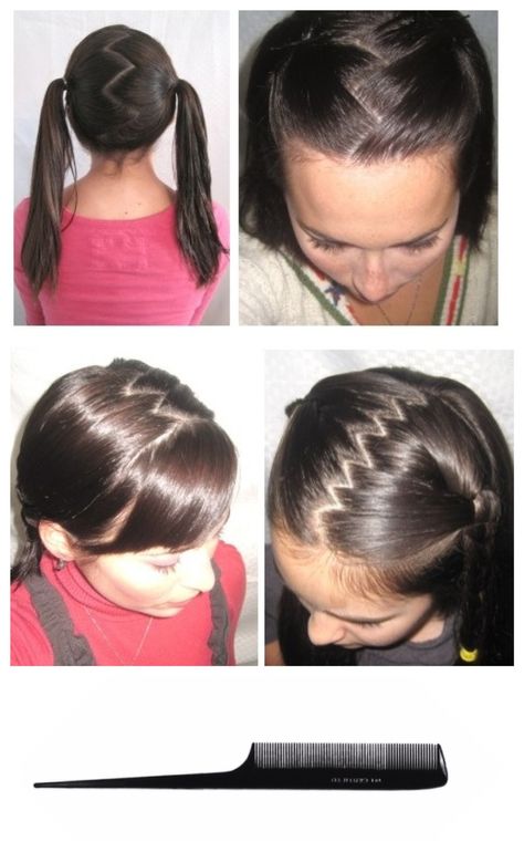 Zig Zag Hair Part - Used 2 struggle w/ this for yrs. When chemo took my hair, I ordered a wig. When it came in, she taught me how in a matter of seconds. Tilt head down, resting head on or close to chest. Then take the tip of pick like above & place it at the back of ur head. In a zig zag pattern, drag it through ur hair. When at front of hair pull apart the two separated sections & ur done. U can do small or wide zig zags too. For small, do a close zig zag & For wide, do wide zig zag. Zig Zag Part Hair, Zig Zag Hair, Zig Zag Part, Dc Posters, Hair Pull, Loose Part, Hairstyles Girl, Y2k Room, Tilt Head