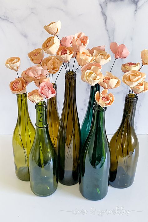 Wine Bottle Flowers, Reuse Bottles, Repurposed Wine Bottles, Wine Bottle Vases, Wine Bottle Centerpieces, Dyed Flowers, Wedding Wine Bottles, Bottle Centerpieces, Flower Centerpiece