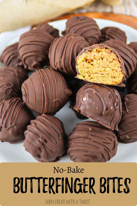 These easy, no bake Butterfinger Bites are made with just 4 ingredients and are insanely good. These homemade and healthy butterfinger bites are crunchy, peanut buttery, and taste like the real deal. This butterfinger bite recipe can be made gluten free and vegan. Healthy Butterfinger, Butterfinger Bites, Butterfinger Recipes, Homemade Butterfingers, Butterfinger Cookies, Finger Desserts, Healthy Candy, Bite Size Food, Cake Mix Cookie Recipes