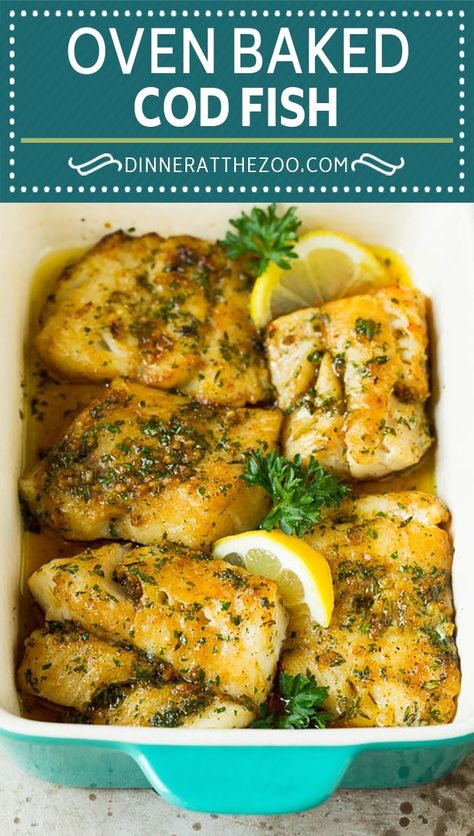 This baked cod is marinated with olive oil, garlic and fresh herbs, then roasted to tender and flaky perfection. Cod Fillet Recipes, Oven Baked Cod, Cod Dishes, Seafood Pizza, Baked Cod Recipes, Roasted Cod, Cod Fish Recipes, Fish Recipes Baked, Fish Dinner Recipes