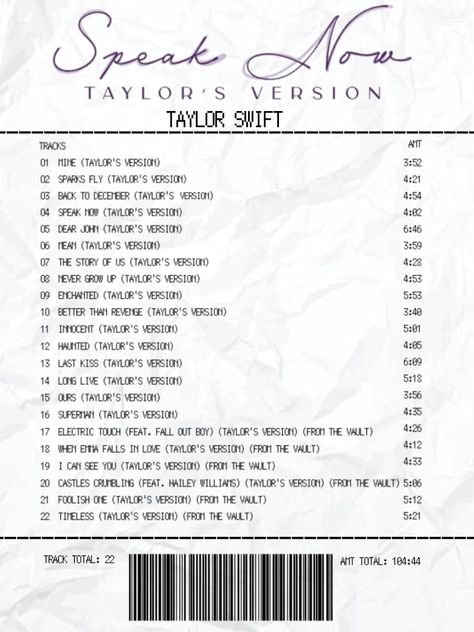 Speak Now Album Receipt, Speak Now Taylors Version Receipt, Speak Now Receipt, Taylor Swift Album Receipt, Gemma Core, Taylor Swift Speak Now Tour, Album Receipts, Paris Scrapbook, Uni House