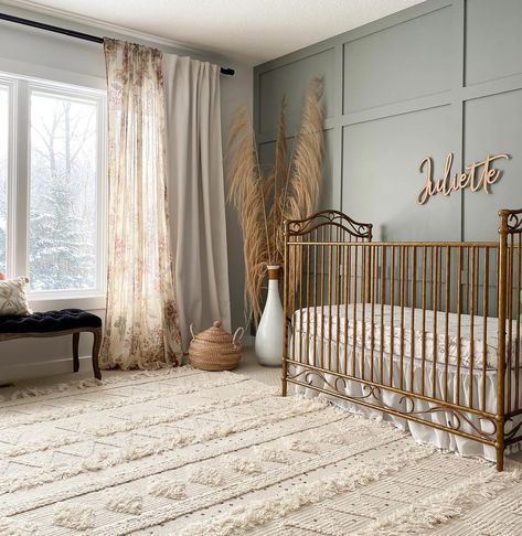 Green Nursery Gold Crib, Gold Crib Nursery Ideas, Green Gold Nursery, Vintage Gold Crib Nursery, Vintage Glam Nursery, Gold Crib Nursery Girl, Nursery With Gold Crib, Nursery Gold Crib, Green And Gold Nursery