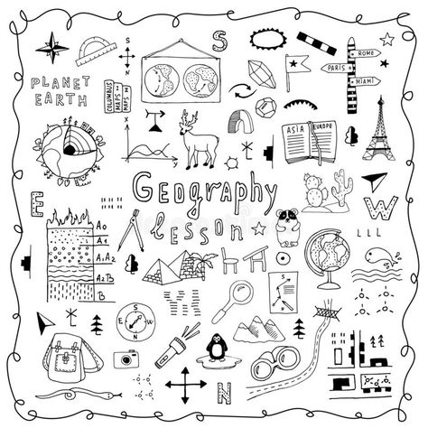 Symbols and drawings for a school geography lesson, set on a white background. Hand drawn vector doodle line illustration. Globe, vector illustration Geography Doodle Art, Academic Doodles, Geography Drawings Ideas, Geology Doodles, Geography Doodles, Geography Front Page Ideas, Geography Cover Page Ideas, Geography Drawings, Globe Doodle