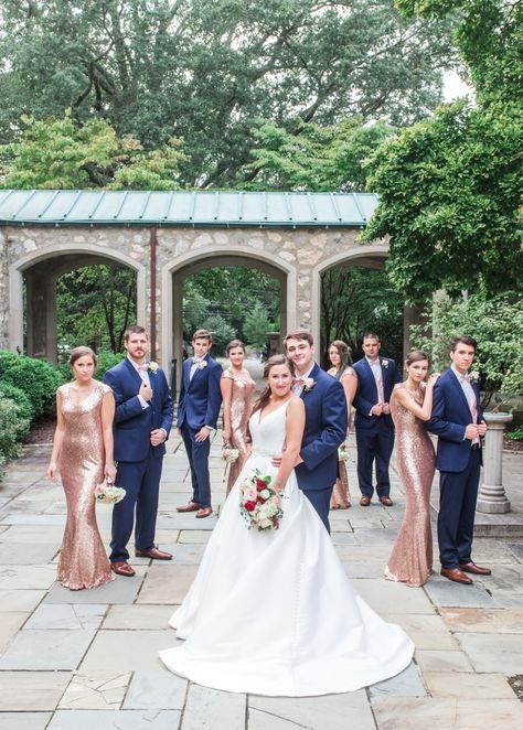 Rose Gold Wedding Theme, Rose Gold Wedding Party, Navy Blue Groomsmen, Wedding Rose Gold Theme, Gold Wedding Party, Blue Groomsmen Suits, Navy Blue Wedding Theme, Gold And Burgundy Wedding, Rose Gold Bridesmaid Dress