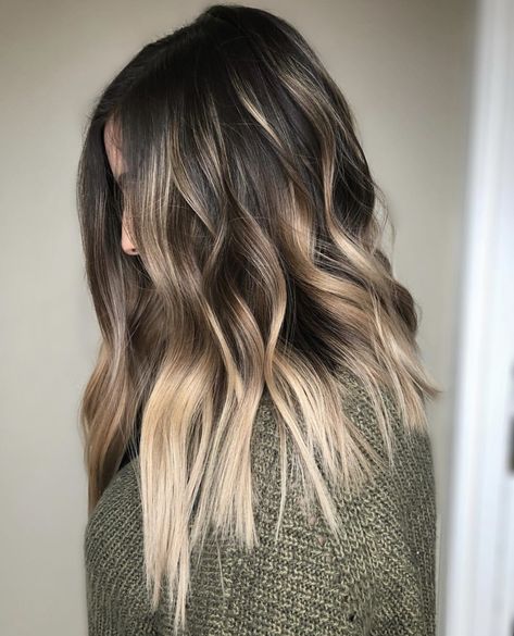 Long Lob Balayage, Medium Angled Haircut, Slightly Angled Long Bob, Long Inverted Lob With Layers, Brunette Blonde Underneath, Long Aline Bob With Layers, Long Angled Lob, Edgy Balayage Hair, Extra Long Lob