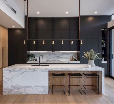 Îlot de cuisine Dapur Skandinavia, Sophisticated Kitchen, Model Dapur, Minimalist Kitchen Design, Modern Kitchen Interiors, Scandinavian Kitchen, Kitchen Marble, Interior Modern, Trendy Kitchen