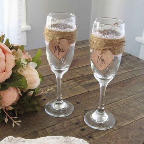 "Wedding flutes Rustic wedding glasses Rustic champagne flutes wedding toasting glasses Country wedding decorations. Rustic Wedding Champagne Flutes, Gifts For The Couple ideas. Glasses for the wedding unique handmade item. Luxury wedding glasses will be completely original part of your wedding and will be a perfect gift for a wedding. In this style, we can create a full set for the wedding: glasses, pillow for rings a set of cake and many other beautiful accessories for your wedding! Height of Rustic Wedding Glasses, Personalized Bridal Shower Gifts, Wedding Toasting Glasses, Rustic Wedding Decorations, Toasting Flutes Wedding, Toasting Glasses, Toasting Flutes, Personalized Beer, Wedding Toasts