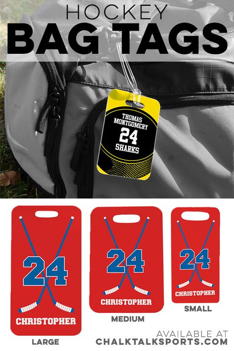 Hockey Tournament Gifts, Hockey Bags For Tournaments, End Of Season Hockey Gifts Kids, Hockey Team Manager, Hockey Bag Tags, Hockey Tournament Goodie Bags, Cricut Hockey Projects, Hockey Goodie Bag Ideas, Hockey Cricut Projects