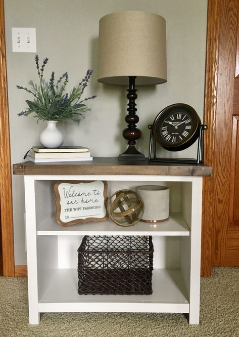 Diy Bedside Bookshelf, Bookshelves As Nightstands, Small Bookshelf Makeover Diy, Redo Nightstand Diy Ideas, Bookcase Nightstand Ideas, Bookshelf Nightstand Ideas, Bookshelf As Nightstand, Small Bookcase Makeover, Entryway Bookshelf