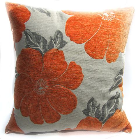 Orange Flower Gray on Pale Gray Emboridered Blend Hawaiian Bedroom, Table Cloth Runner, Orange Daisy, Pom Pom Throw, Orange Sofa, Orange Bathrooms, Flower Curtain, Sofa Cotton, Living Room Orange