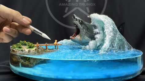 Full video on Youtube channel: AmazingTrungX Clay Diorama, Blue Whale Diorama, Resin Diorama Shark, Art Diorama, Megalodon Shark, Resin Polymer Clay, Resin Art, Youtube Channel, Polymer Clay