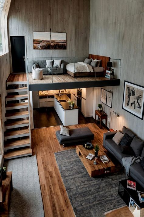 Loft House Design, Loft Interior Design, Tiny House Loft, Loft Interior, House Floor Design, House Loft, Small Apartment Design, Loft Interiors, Loft Ideas