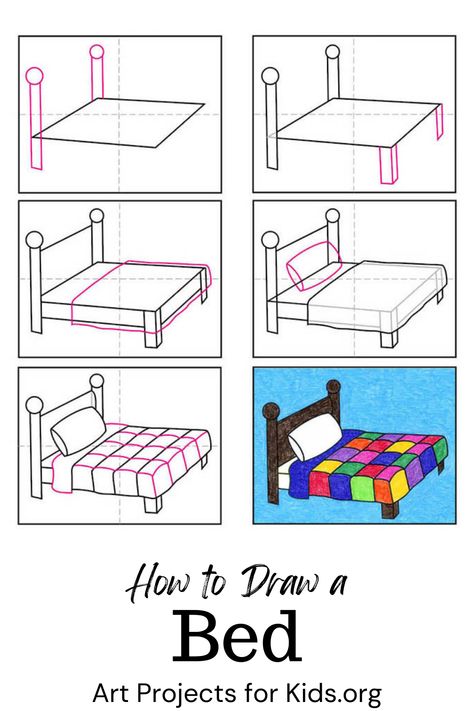 Bed Cute Drawing, Simple Bed Drawing, How To Draw Bedroom, How To Draw A Bed, Bed Drawing Easy, Room Art Drawing, Drawing Bed, Bed Drawing, Easy Halloween Drawings