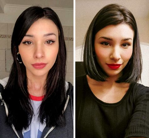 15 People Who Followed Reddit Users’ Advice and Boldly Got a New Hairdo Sideburn Style Women, Short Unstyled Hair, Lob Vs Bob Haircut, Midsize Short Hair, Short Vs Long Hair Before And After, Short Hair Vs Long Hair, French Bobs, Bangs And Balayage, Haircut Transformation