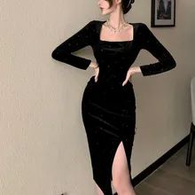 Elegant Women Party Dress Fashion Vintage Square Collar Sheath Office Lady Robe Female Sundress Retro Evening Club Dress Vestido| | - AliExpress Cute Dresses With Long Sleeves, Cocktail Dress Classy Evening Midi, Black Velvet Long Dress, Cocktail Dress Classy Evening, Velvet Long Dress, Velvet Evening Dress, Velvet Dress Long, Black Dresses Classy, Office Dresses For Women