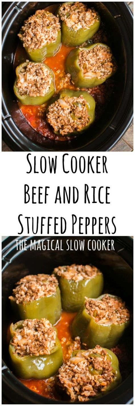 Slow Cooker Beef and Rice Stuffed Peppers Meat Casseroles, Classic Stuffed Peppers Recipe, Rice Stuffed Peppers, Stuffed Peppers With Rice, Slow Cooker Stuffed Peppers, The Magical Slow Cooker, Beef And Rice, Crockpot Dishes, Crock Pot Slow Cooker