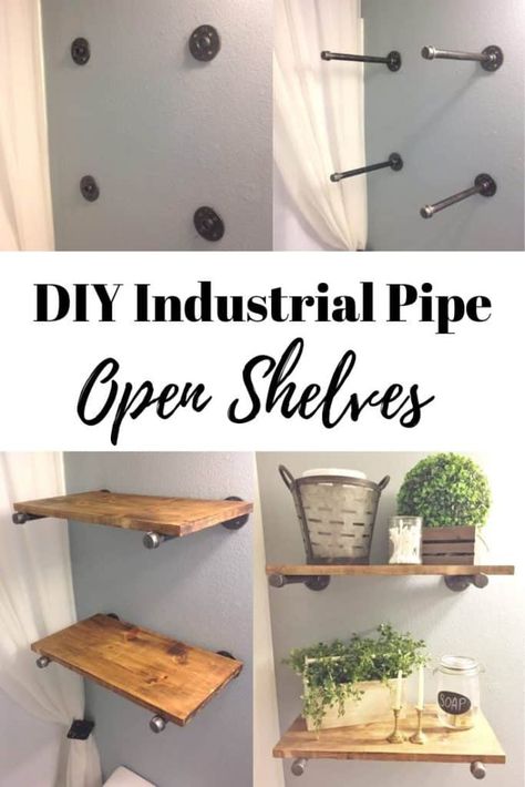 Diy Bathroom Shelving, Farmhouse Shelves Diy, Diy Shelves Design, Diy Shelves Ideas, Industrial Farmhouse Bathroom, Rustic Shelving, Industrial Bathroom Decor, Diy Shelves Bathroom, Diy Pipe Shelves