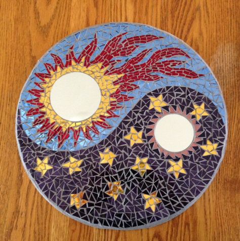 Mosaic sun moon ying yang mirror for my brother and sister-in-law. Ying Yang Mosaic, Mosaic Stairs, Mosaic Art Diy, Mosaic Stepping Stones, Mosaic Table Top, Mosaic Art Projects, Mosaic Tile Art, Warm And Cool Colors, Mirror Mosaic